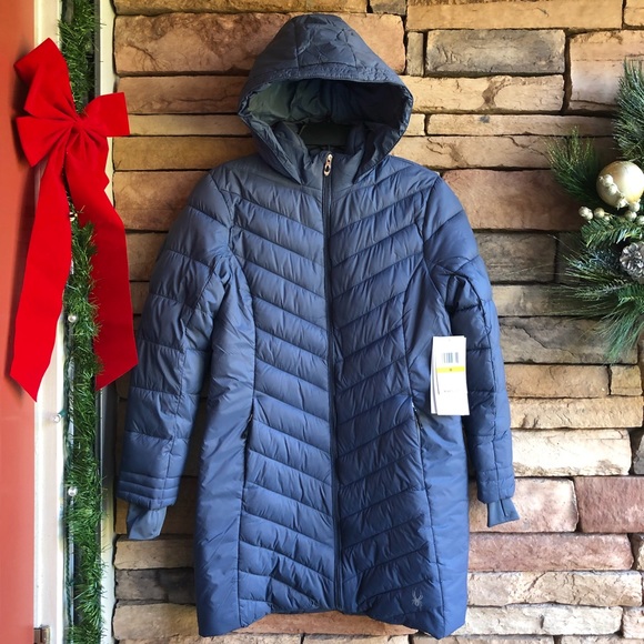 Spyder Boundless Dark Cloud Blue Long Hooded Puffy Coat Large NWT